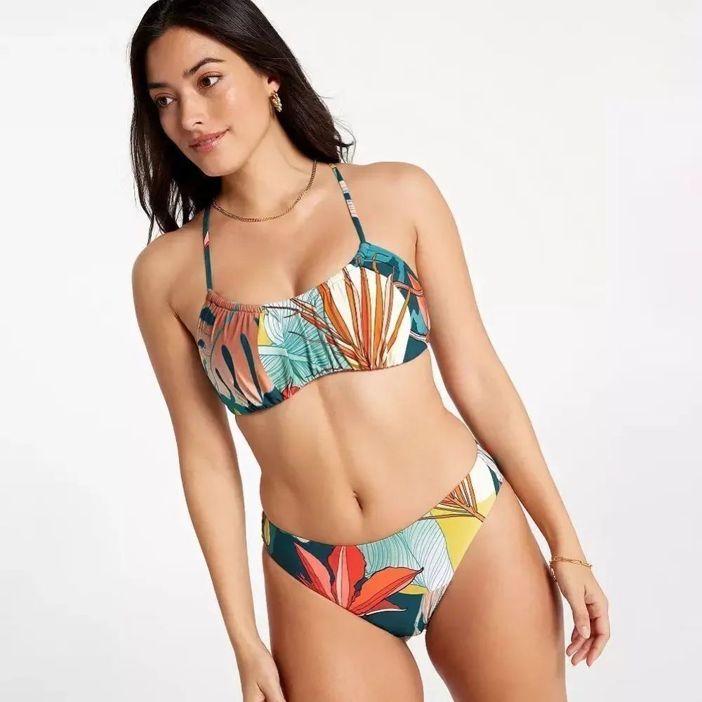 CALIA Women's Scrunched Tie Back Bikini Top NEW NWT Size XS BOTANICAL PRINT SEA